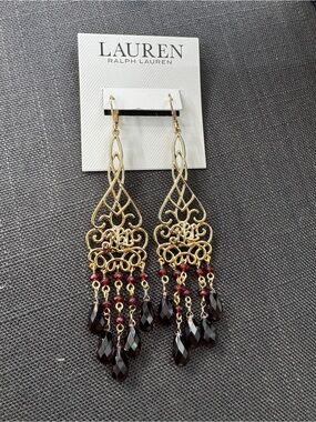 Lauren Ralph Lauren Gold Filigree Drop Earrings with Dark Red Beads
